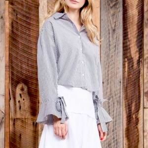 J.O.A Striped Bow Sleeve Button Down
